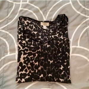 LOFT Long Sleeve Cheetah Animal Print Leather Sleeve Neck Blouse Size Small